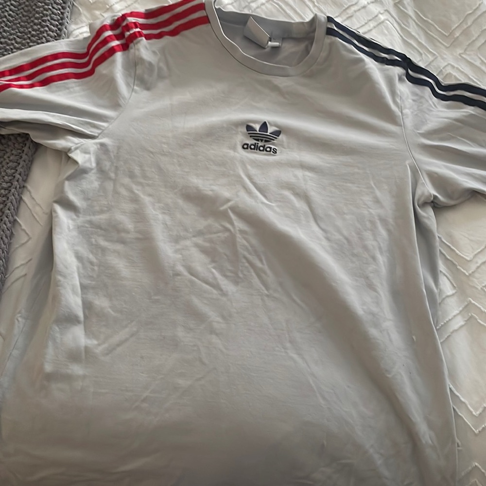 Adidas long sleeve light blue with navy and red stripes